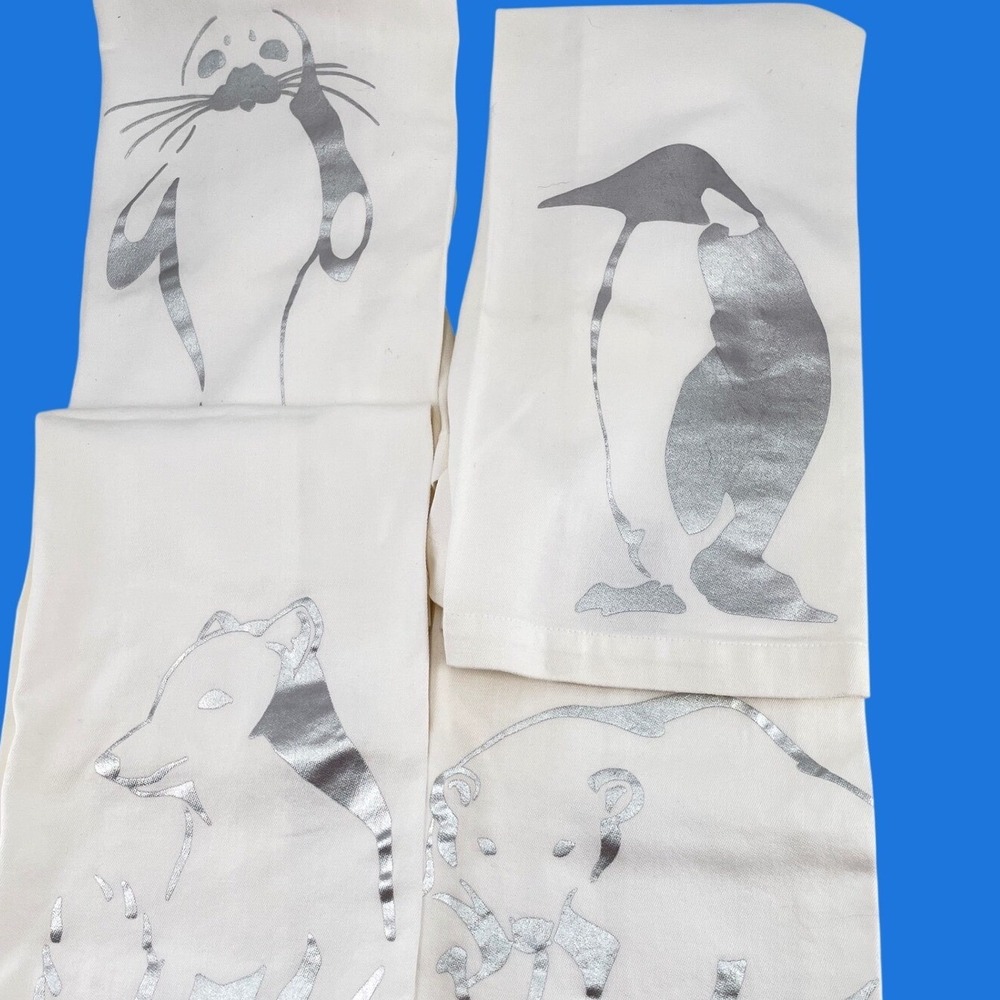 4 Pottery Barn Arctic Animal Tea Towels Silver Metallic White Cotton 20x30‎
